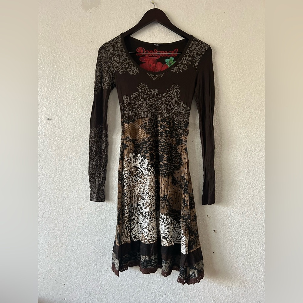 DESIGUAL Ladies Long Sleeve Scoop Neck A-line Brown TISDALE Dress XS Artsy Boho - Picture 2 of 16